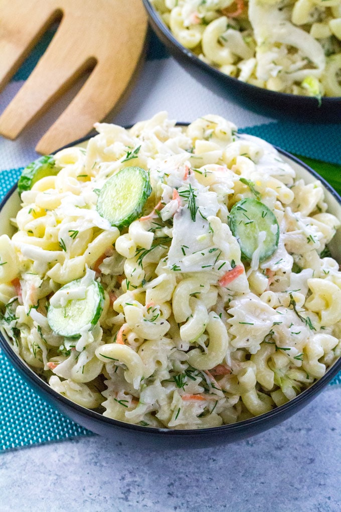 Crunchy Coleslaw Pasta Salad made with creamy Ranch is the perfect summer side dish. Can be also made ahead of time.