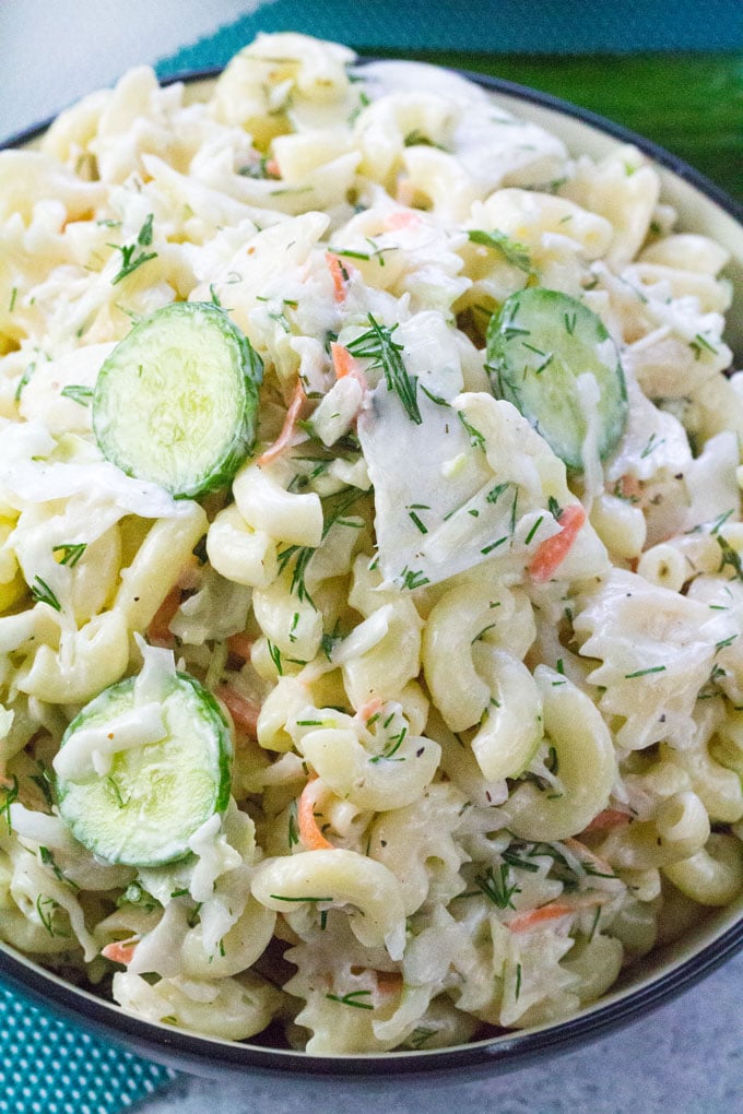 Coleslaw Pasta Salad made with creamy Ranch is the perfect summer side dish. Crunchy and refreshing, can be also made ahead of time.