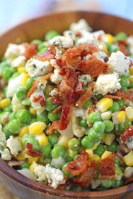 Ranch Bacon Pea Salad is the perfect summery side dish. Made with creamy ranch, lots of blue cheese and delicious, crispy bacon.