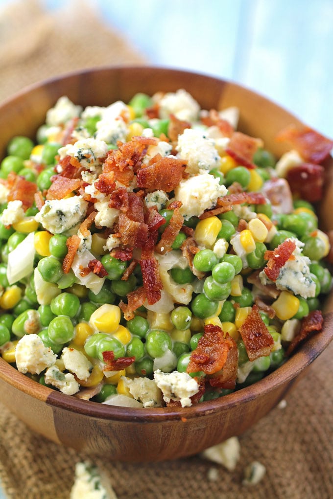Ranch Bacon Pea Salad is the perfect summer salad. Made with creamy ranch, lots of blue cheese and delicious, crispy bacon.