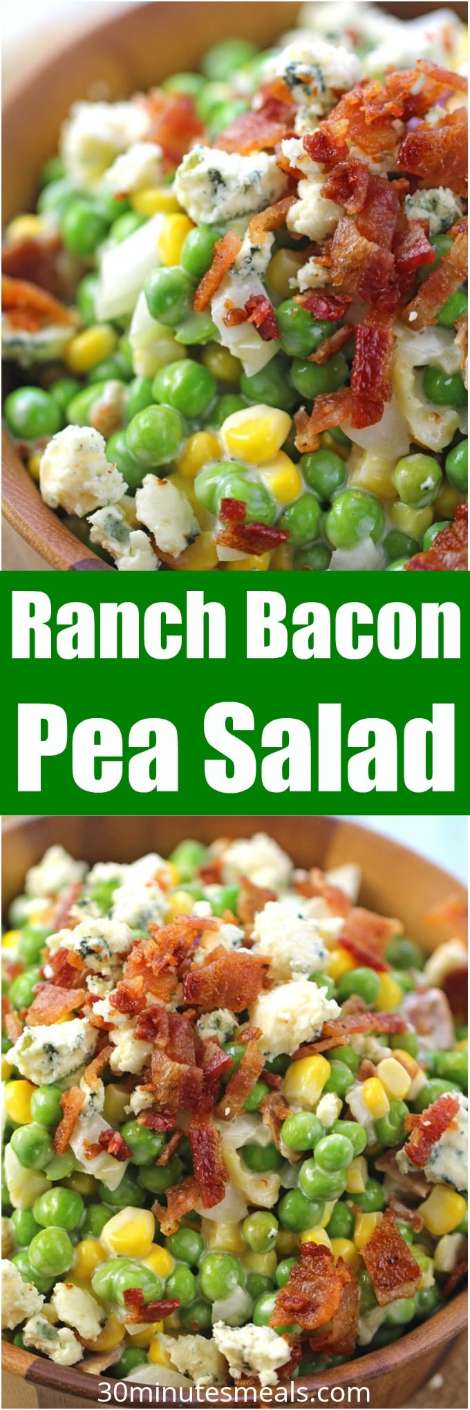 Creamy Ranch Bacon Pea Salad with sweet corn, is the perfect summery side dish. Made with creamy ranch, lots of blue cheese and delicious, crispy bacon.