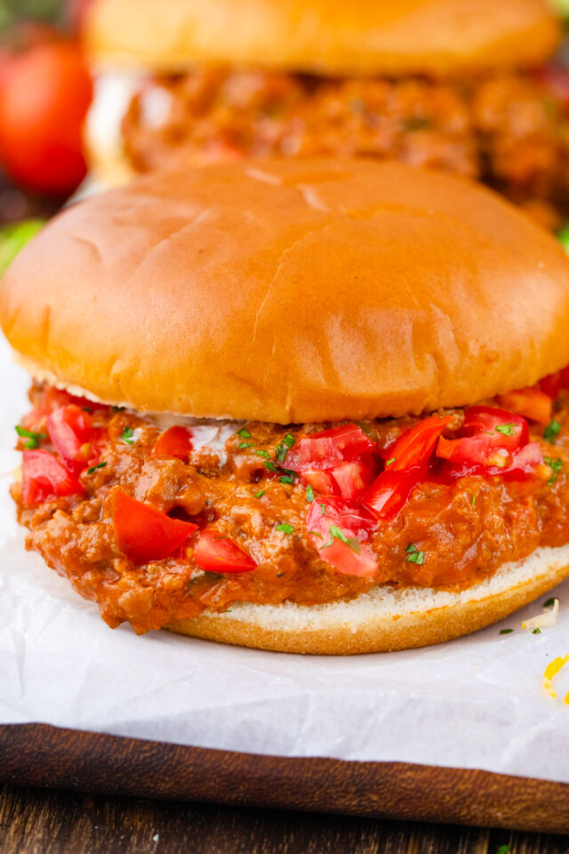 Juicy taco sloppy Joes with ground beef and salsa.