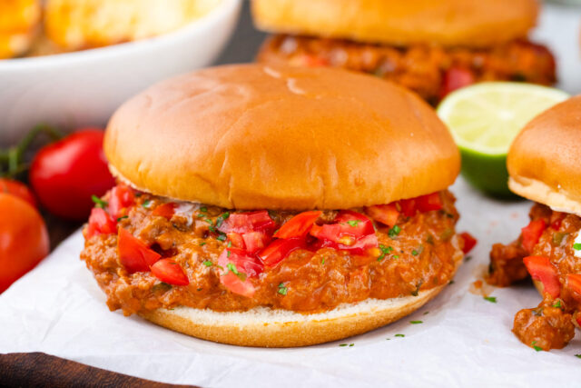 Taco sloppy Joes on brioche buns with salsa.