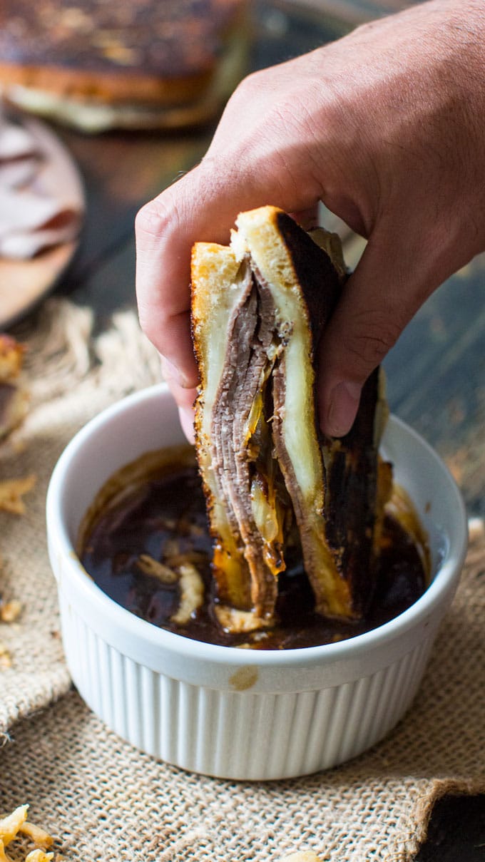 French Dip Grilled Cheese Sandwich is perfect for dinner, parties or game nights! Serve with the dipping sauce on the side for the ultimate, amazing flavor!