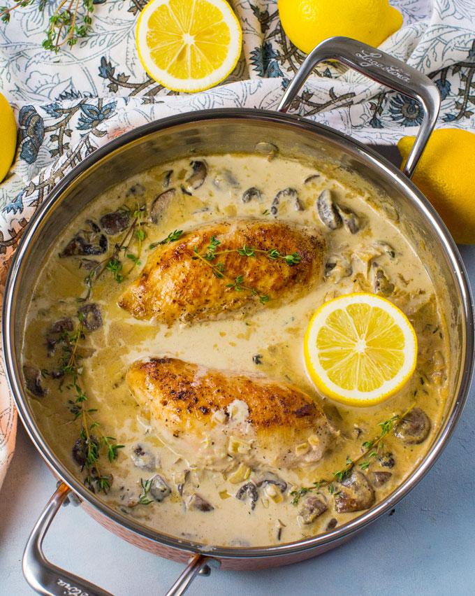 Lemon Thyme Chicken is creamy and fragrant, made with white wine, lemon zest, cream, mushrooms and thyme. Made in just 30 minutes in One Pan.