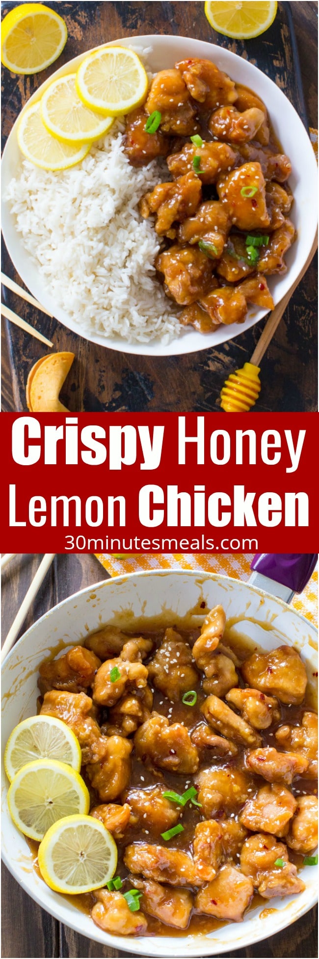 Crispy Honey Lemon Chicken is a restaurant quality meal, that can be made at home in just 30 minutes! Crispy, sticky and full of honey lemon flavor.