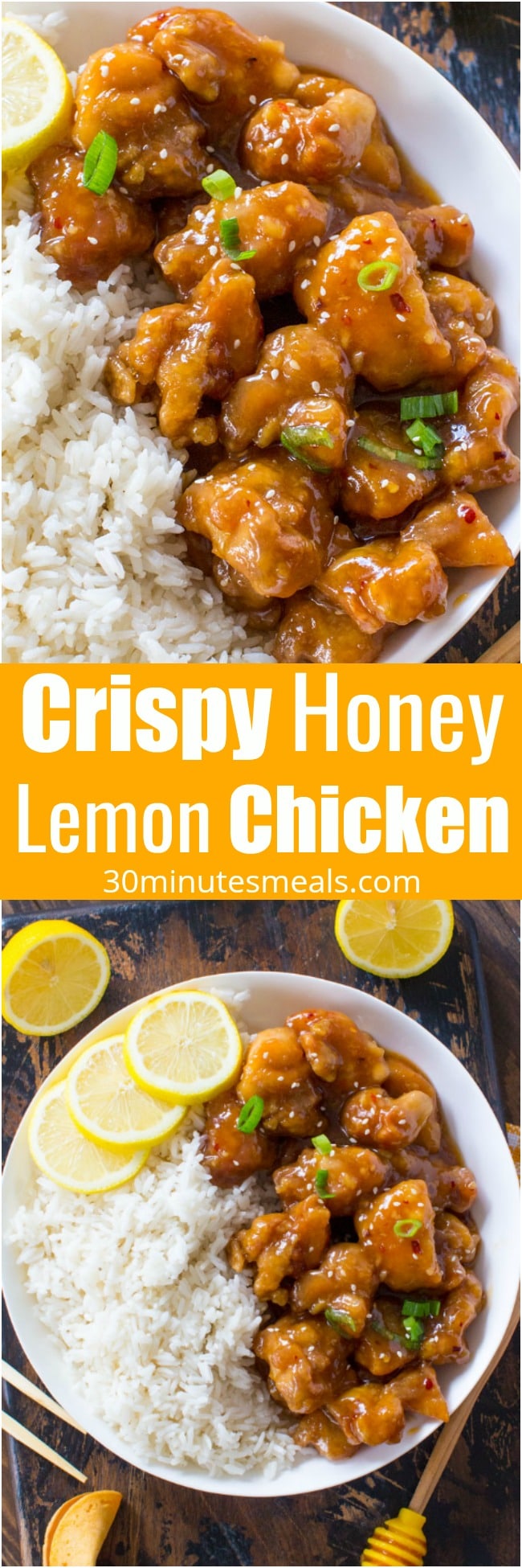Chinese Crispy Honey Lemon Chicken is a restaurant quality meal, made easy at home in just 30 minutes! Crispy, sticky and full of honey lemon flavor.