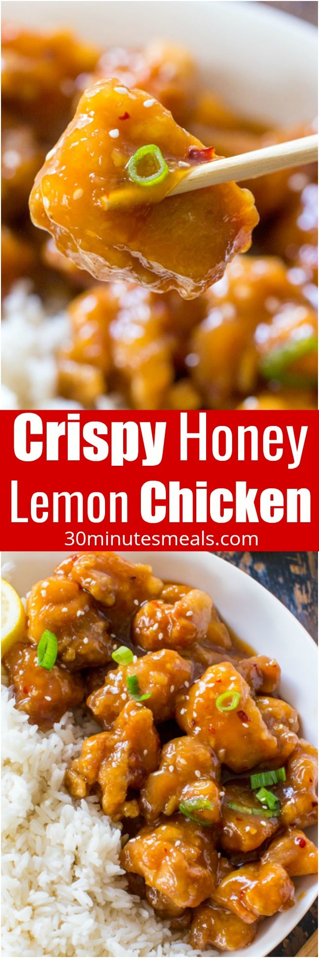 Crispy Honey Lemon Chicken is a restaurant quality meal, made easy at home in just 30 minutes in one pan! Crispy, sticky and full of honey lemon flavor.