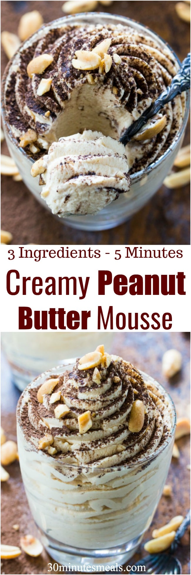 Creamy Peanut Butter Mousse is made with just 3 ingredients in less than 5 minutes. Perfect to fix a quick peanut butter craving!