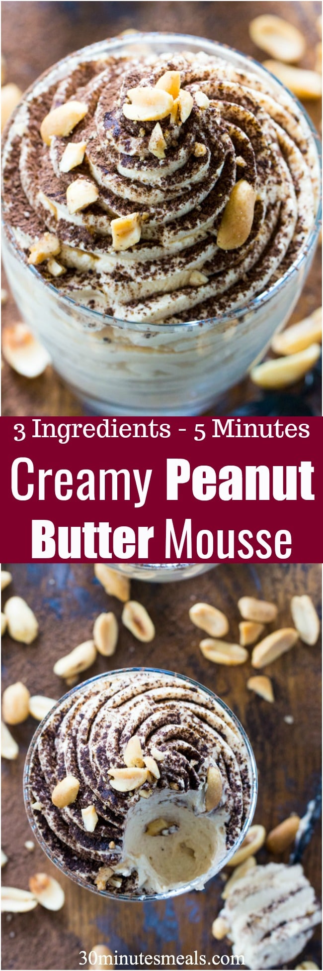 Easy Peanut Butter Mousse is made with just 3 ingredients in less than 5 minutes. Perfect to tame a quick peanut butter craving!