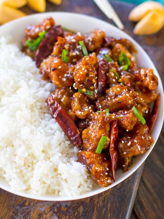 Spicy Asian chicken made with chili peppers served with rice