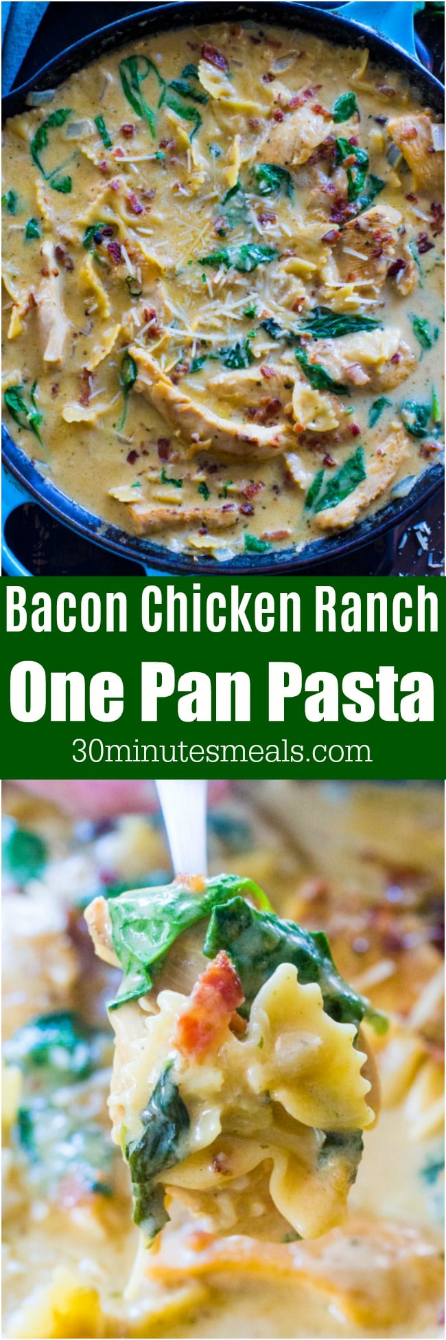 30 Minute Pasta Recipes are the perfect weeknight dinners, easily made in just one pan. This Chicken Bacon Ranch Pasta is tasty, full of flavor and hassle free.