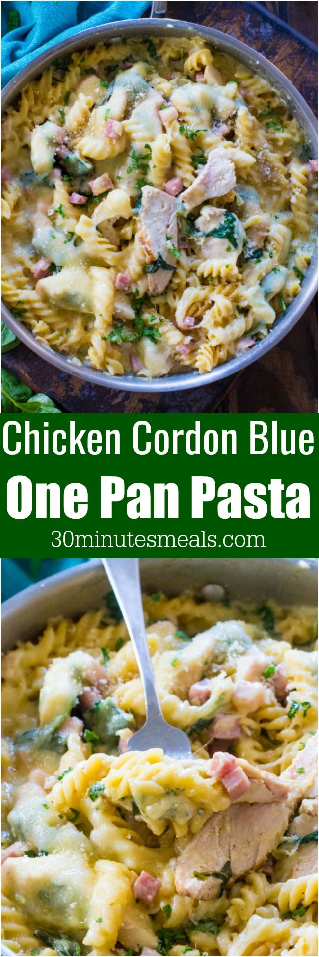 30 Minute Pasta Recipes are the perfect weeknight dinners, easily made in just one pan. This Chicken Cordon Bleu Pasta is tasty, full of flavor and hassle free.