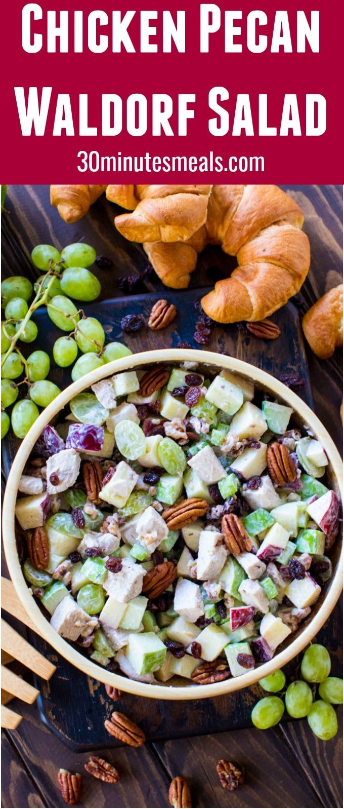 Crunchy Chicken Waldorf Salad is the perfect combination of sweet and savory. Crispy apples, juicy grapes and crunchy nuts are combined to create the perfect bite!