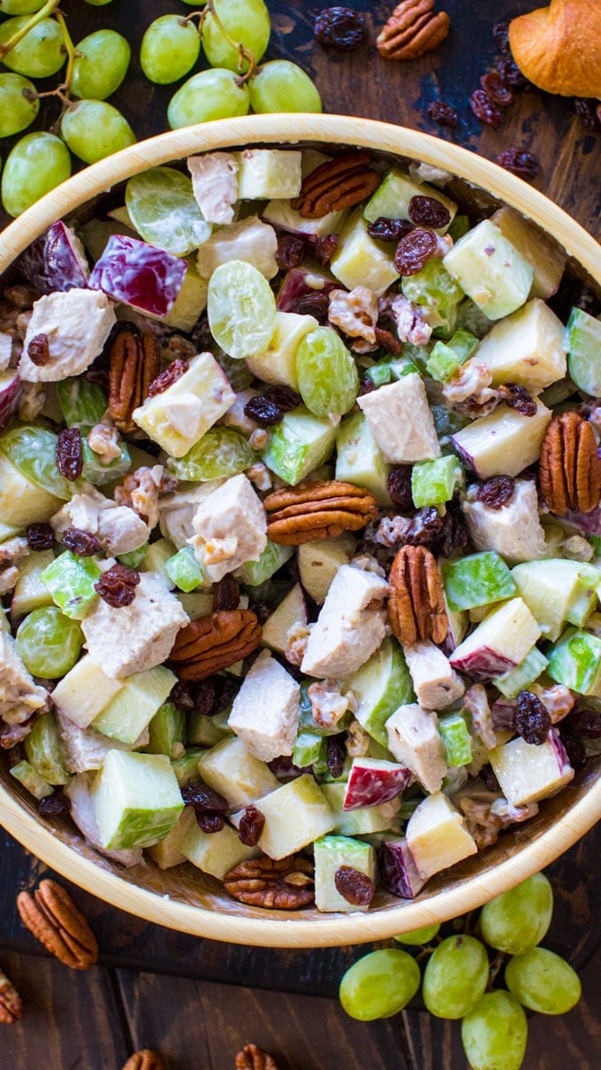 Easy Chicken Waldorf Salad is the perfect combination of sweet and savory. Crispy apples, juicy grapes and crunchy nuts are combined to create the perfect bite!