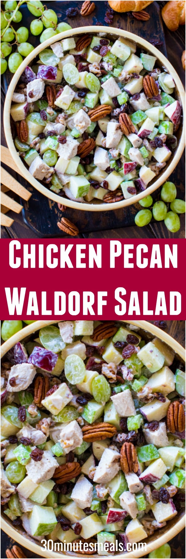 Chicken Waldorf Salad is the perfect combination of sweet and savory. Crispy apples, juicy grapes and crunchy nuts are combined to create the perfect bite!