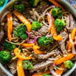 Skinny Mongolian Beef Noodles are loaded with lot veggies, protein in a delicious, light mongolian sauce, served over soba noodles.