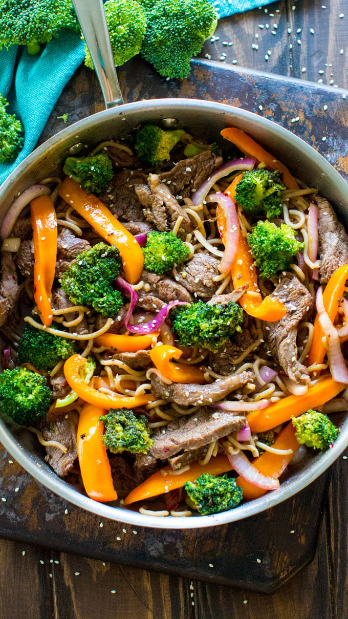 Skinny Mongolian Beef Noodles are loaded with lot veggies, protein in a delicious, light mongolian sauce, served over soba noodles.