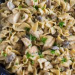 Best Chicken Stroganoff is creamy and hearty, loaded with thick egg noodles and juicy mushrooms. This easy weeknight one pan dinner is ready in about 30 minutes. #30minutemeals #onepan #dinner #easydinner #chickendinner