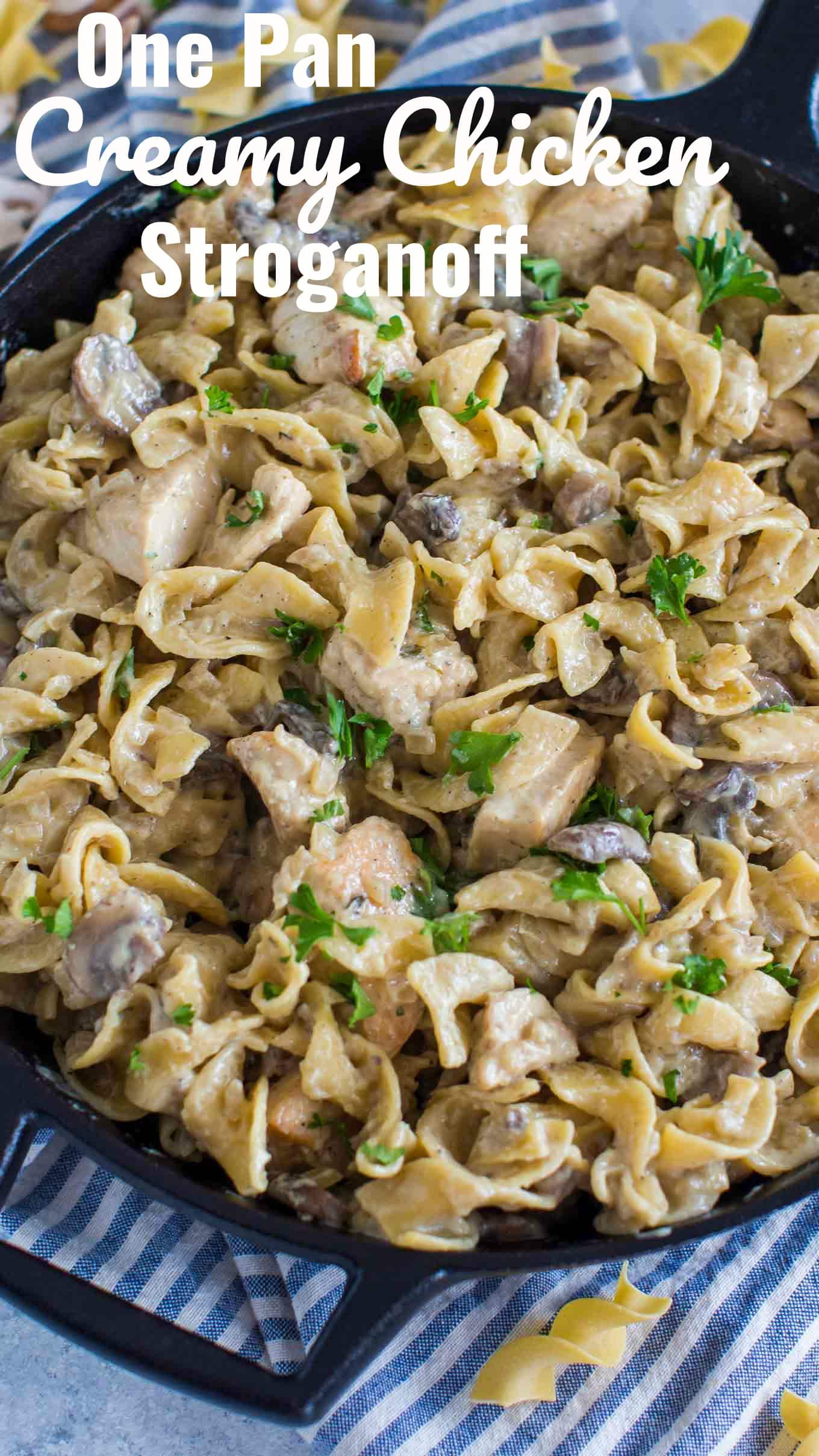 Chicken Stroganoff is creamy and hearty, loaded with thick egg noodles and juicy mushrooms. This easy weeknight dinner is ready in about 30 minutes. #30minutemeals #pastarecipes #chickenrecipes