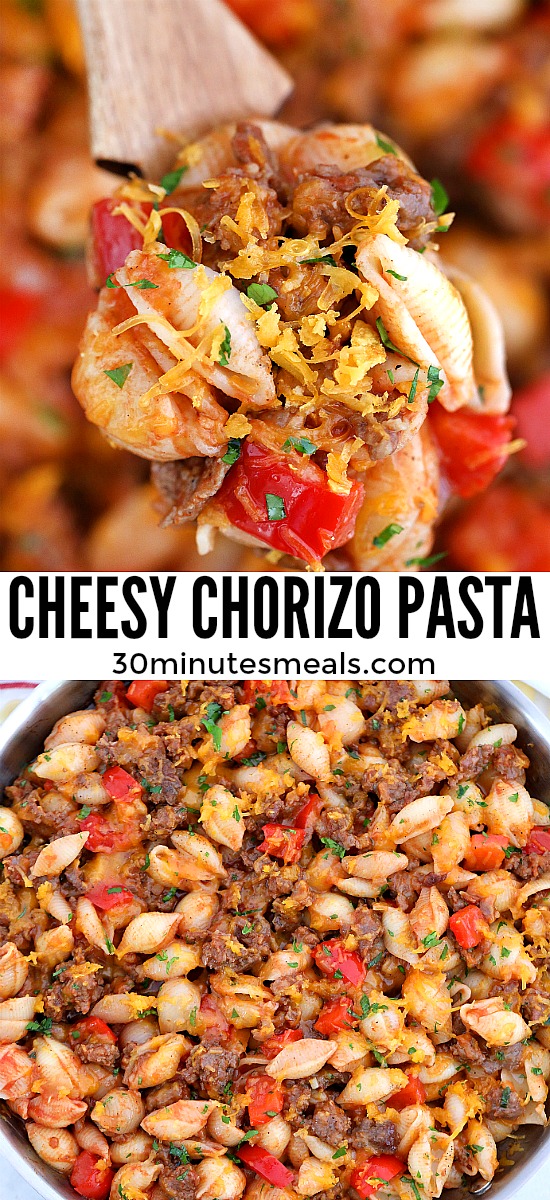 Chorizo Pasta is a rich dish made with the pasta in savory sausage and tomato-based sauce. Spice up your menu rotation with this unique sausage flavor! #chorizo #pasta #30minutemeals #easyrecipe #texmex