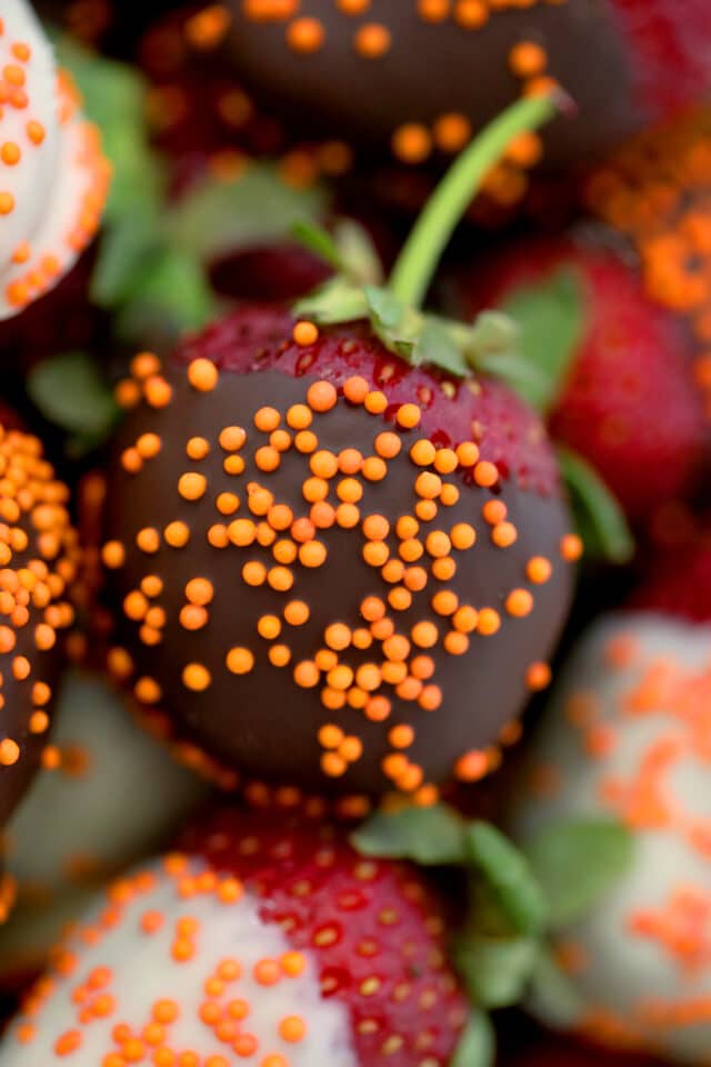Halloween Chocolate Dipped Strawberries make for a refreshingly sweet and slightly tangy dessert using our favorite berries. Even kids can help prepare these! #halloween #strawberries #fallrecipes #30minutemeals #healthyrecipes