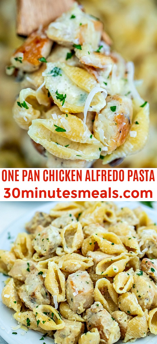 One Pan Chicken Alfredo is an easy chicken dinner dish that is ready in about 30 minutes. #chickenfoodrecipes #chickenrecipes #30minutemeals #alfredosauce #pastarecipes
