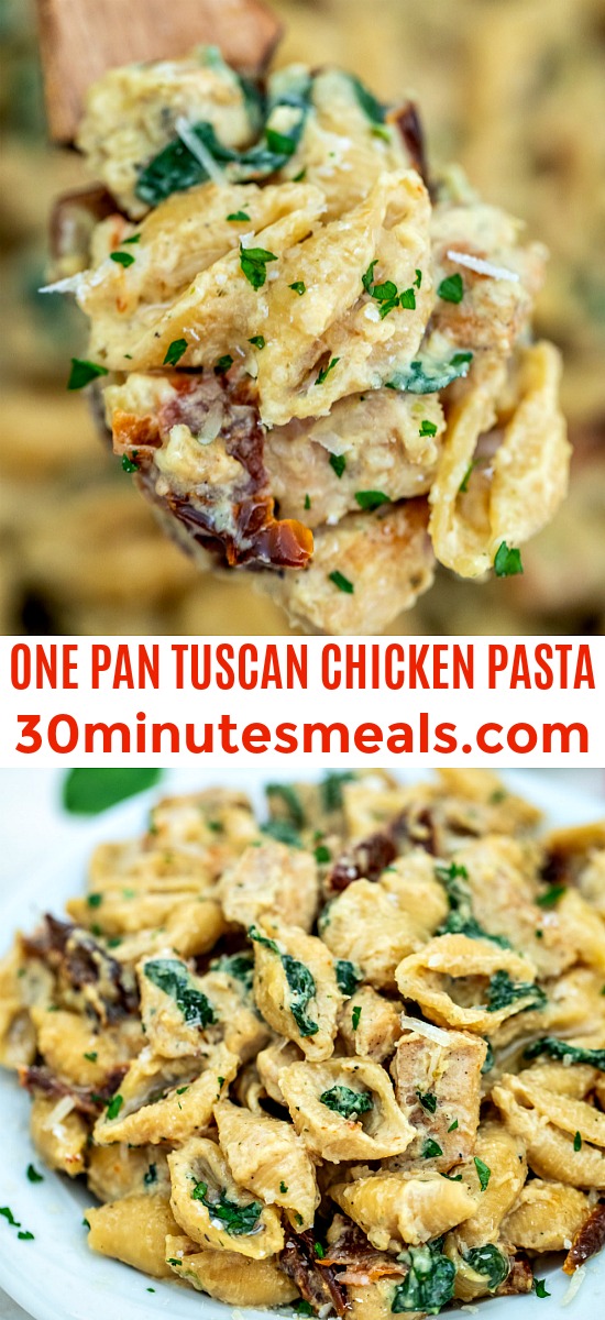 Tuscan Chicken Pasta is a quick and easy one-pan dish made with crispy chicken, sun-dried tomatoes, shell pasta, and soaked in a creamy white sauce. #pasta #tuscanchicken #chickenrecipes #30minutemeals #onepotmeals
