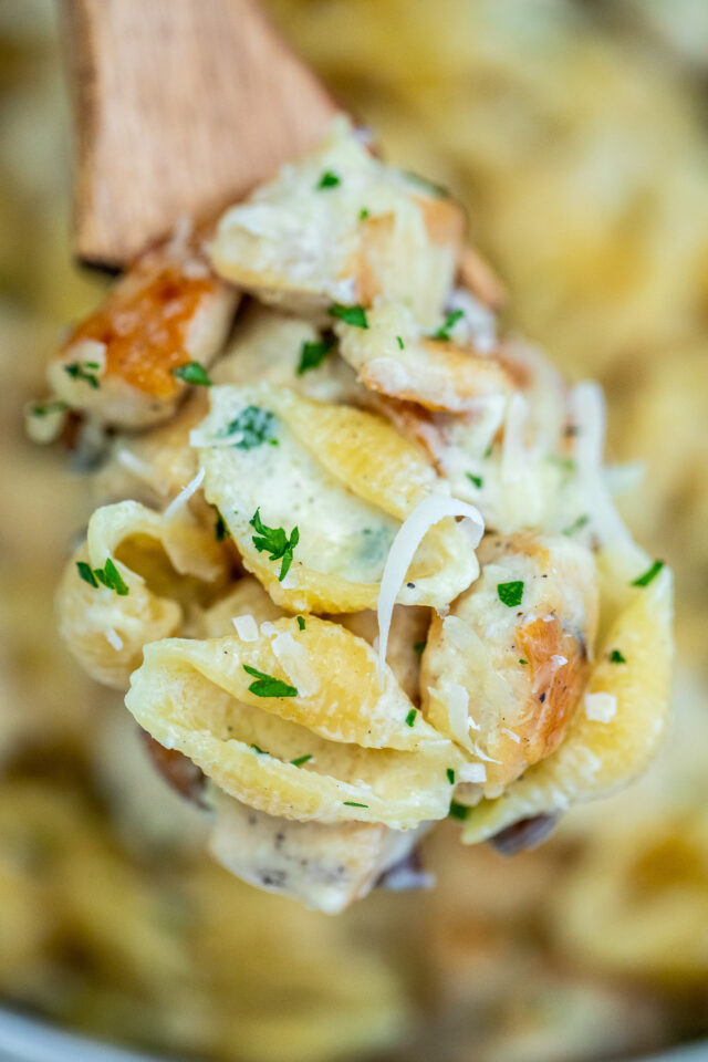 One Pan Chicken Alfredo is an easy chicken dinner dish that is ready in about 30 minutes. #chickenfoodrecipes #chickenrecipes #30minutemeals #alfredosauce #pastarecipes