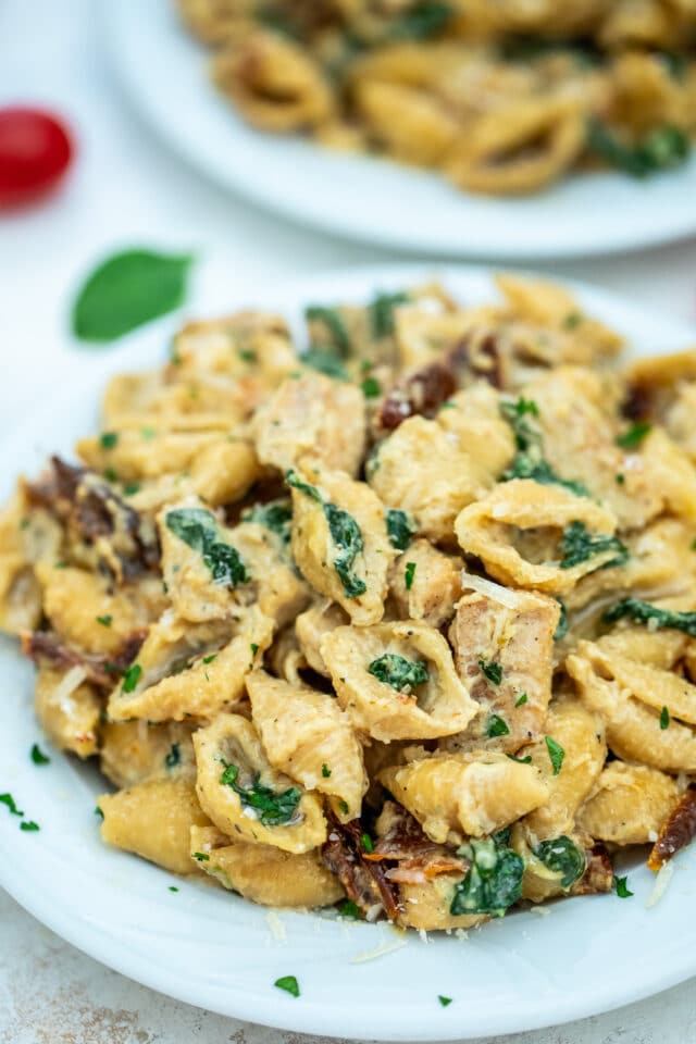 Tuscan Chicken Pasta is a quick and easy one-pan dish made with crispy chicken, sun-dried tomatoes, shell pasta, and soaked in a creamy white sauce. #pasta #tuscanchicken #chickenrecipes #30minutemeals #onepotmeals