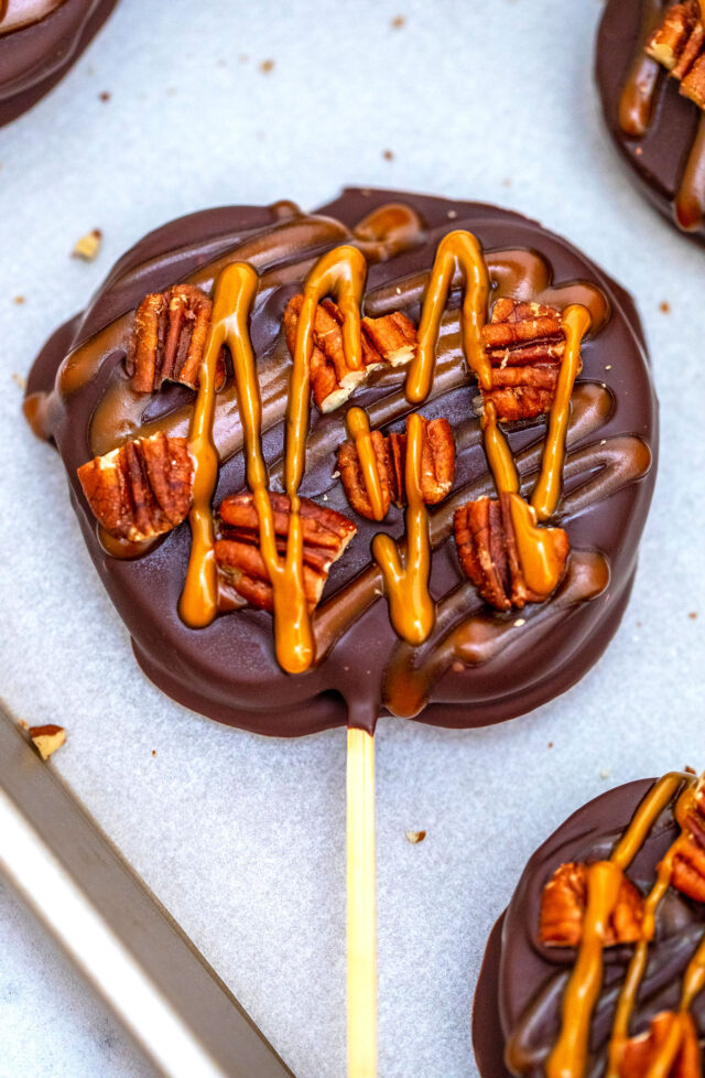 Chocolate Turtle Apples are made with sliced fresh apples, dipped in melted chocolate, drizzled with caramel sauce and topped with pecans. #fallrecipes #apples #caramel #30minutesmeals #halloween