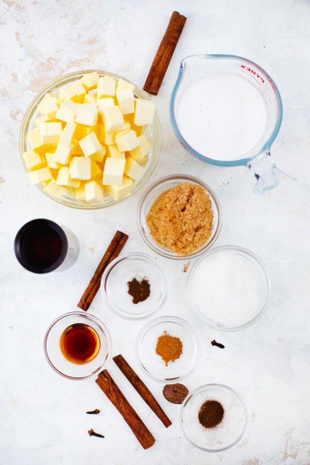 Overhead shot of spiced buttered rum recipe ingredients.