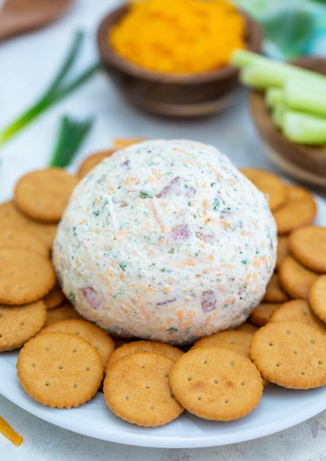 Cheddar Ranch Cheese Ball is the perfect Holiday appetizer made of cheddar cheese, ranch seasoning, and obviously bacon! #cheeseball #cheese #30minutemeals #appetizers #partyfood