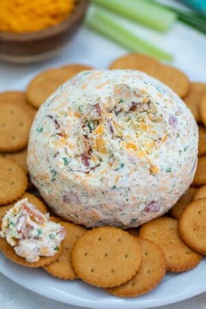 Cheddar Ranch Cheese Ball is the perfect Holiday appetizer made of cheddar cheese, ranch seasoning, and obviously bacon! #cheeseball #cheese #30minutemeals #appetizers #partyfood