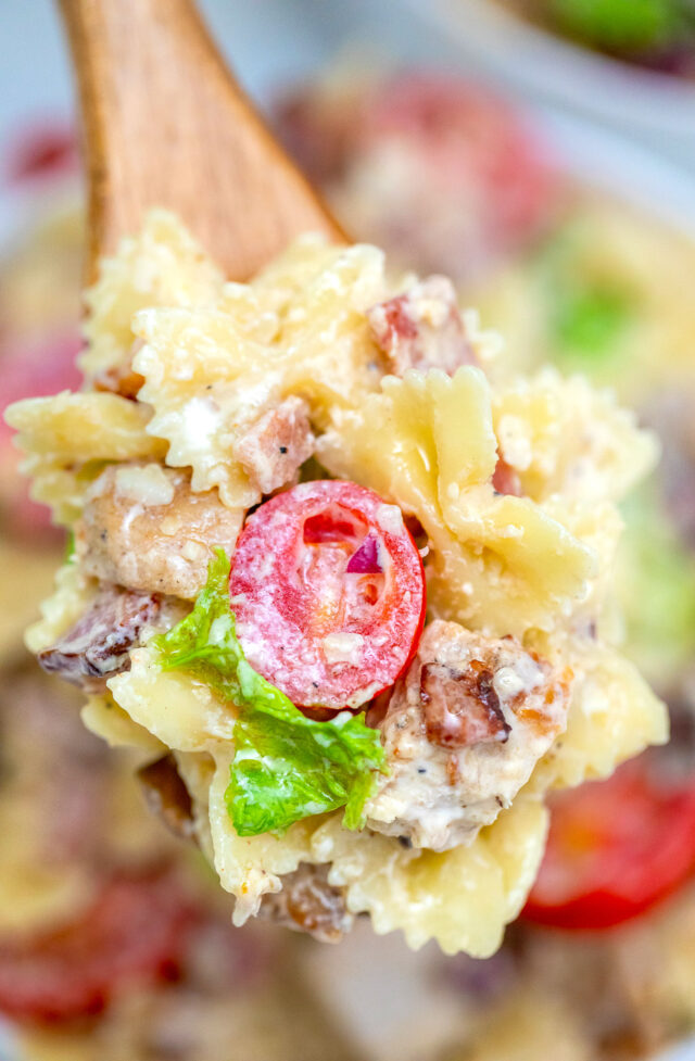 Chicken Caesar Pasta Salad is a refreshing dish made with chicken, bow tie pasta, Parmesan cheese, grape tomatoes, and bacon, all tossed in a creamy Caesar dressing. #chickencaesar #pastasalad #pastarecipes #potluckrecipes #30minutemeals