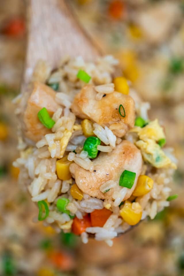 Chicken Fried Rice is an easy, one-skillet recipe that is ready in less than 30 minutes and tastes better than takeout! #friedrice #chickenfoodrecipes #30minutemeals #chickenrecipes #chinesefood