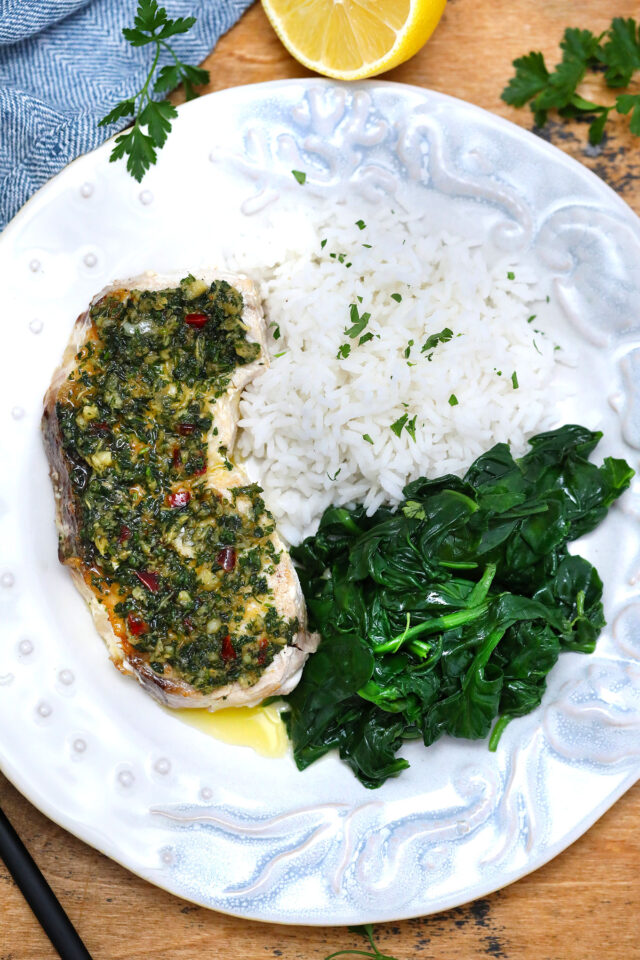 Pan-Roasted Swordfish is a restaurant-quality dinner simply and easily made at home. This dish is ready in less than 20 minutes and is buttery, juicy, and super tender! #fish #swordfish #easydinner #30minutemeals #fishrecipes