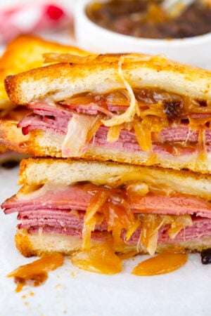 French dip grilled cheese sandwich with Au Jus sauce.