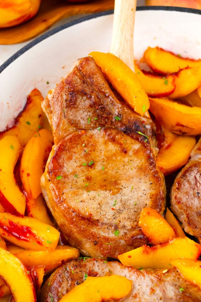 Perfectly browned peach pork chops.