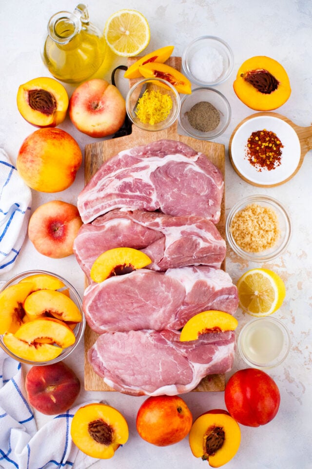 Overhead shot of peach pork chops ingredients.