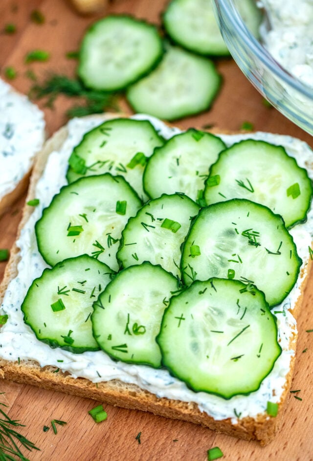 Cucumber Sandwiches with cream cheese and sliced fresh cucumbers