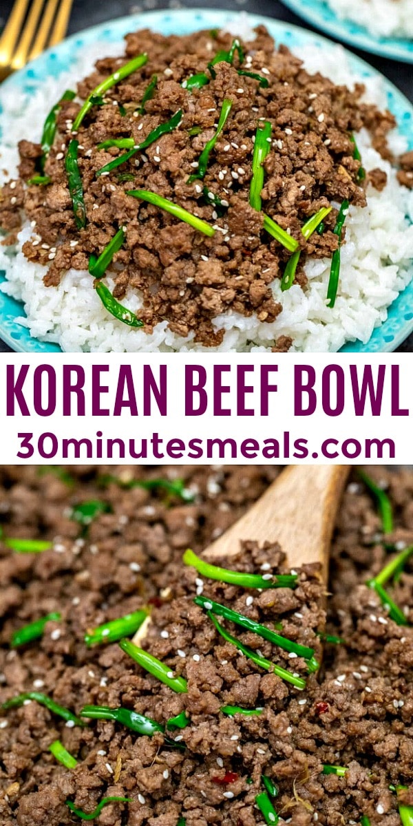 Korean Beef Bowls are super tasty made with ground beef and ready in 15 minutes. #koreanbeef #beefbowls #beefrecipes #30minutemeals #30minutemeals