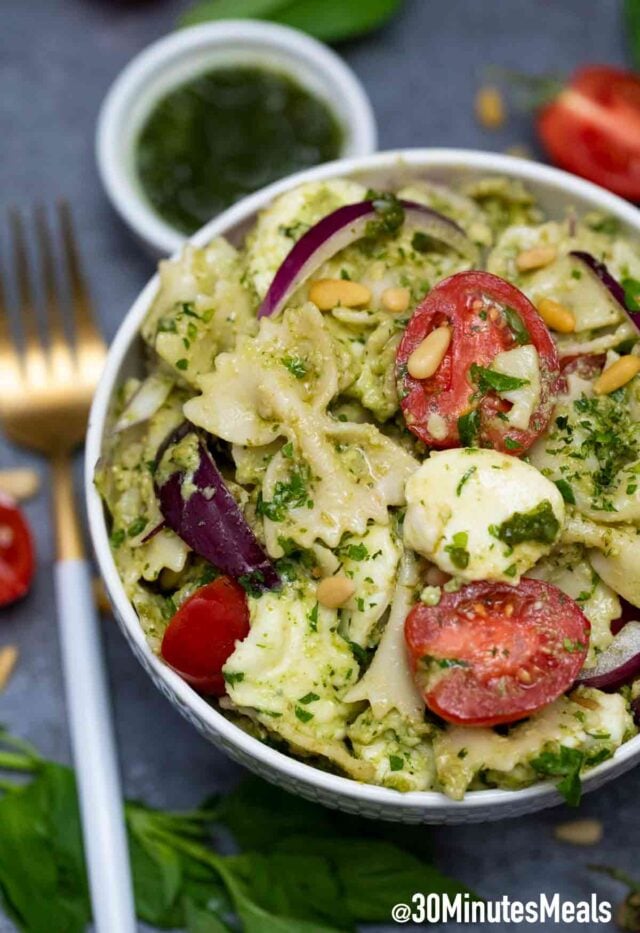 caprese pasta salad in a bowl