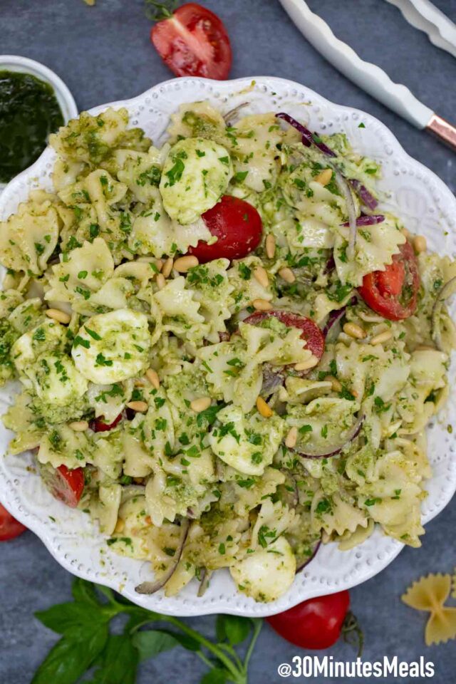 caprese pasta salad with bow tie pasta