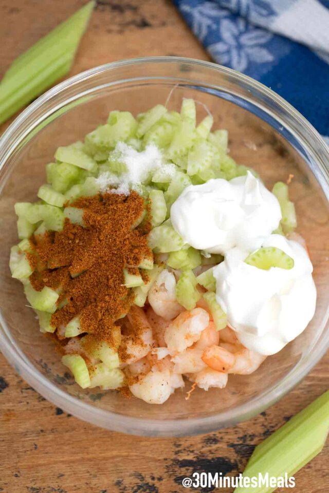 shrimp salad ingredients in a bowl