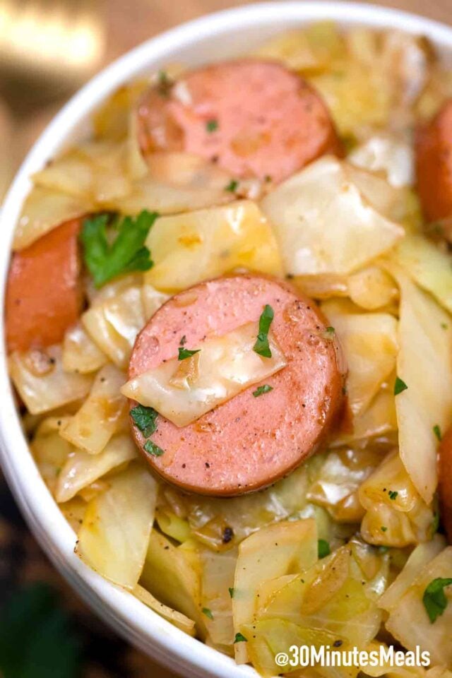 fried cabbage and kielbasa