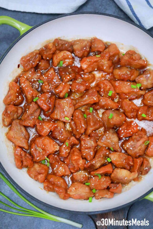 sesame chicken in a pan