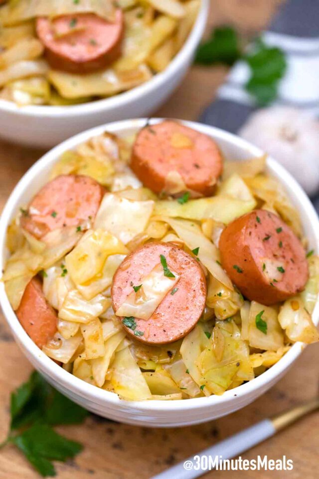 fried cabbage and smoked sausage
