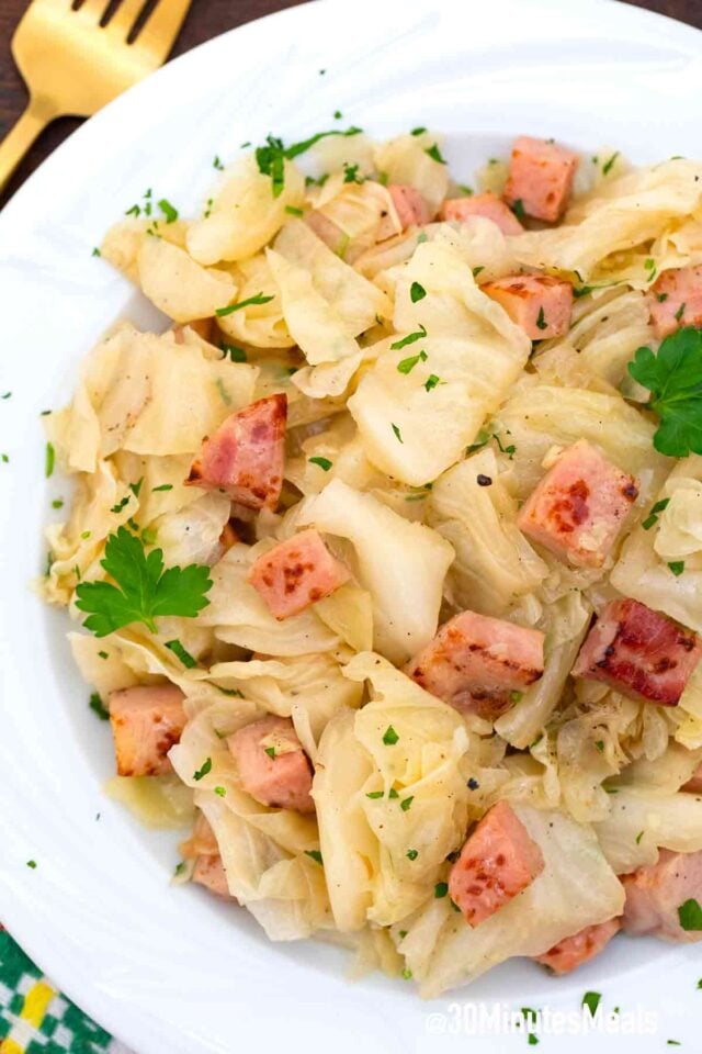 cabbage and ham on a plate