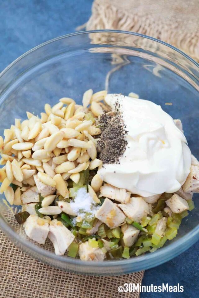 easy hot chicken salad ingredients in a bowl